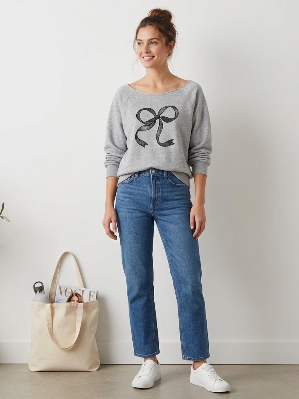 Arizona Heather Grey Black Ribbon Bow Graphic Sweatshirt Sz M Preppy Clean Girl